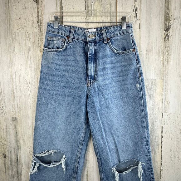 ZARA Jeans Womens 6 Blue High Rise Straight Leg Raw Hem Essential 90's Mom Jeans - Picture 3 of 8
